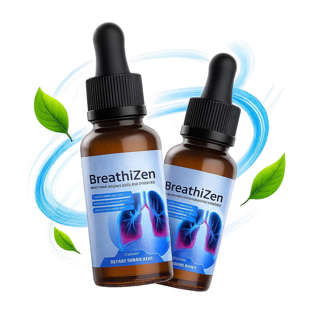 Two Breathizen bottles with blue flowing accents and green leaves